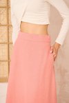 Pembe Midi Dar Kalıp Yüksek Bel Kloş Cepli Kaşe Dokulu Etek