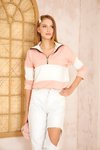 Pudra Beyaz Color Block Salaş Uzun Kol Fermuarlı Polo Yaka Sweatshirt