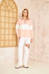 Pudra Beyaz Color Block Salaş Uzun Kol Fermuarlı Polo Yaka Sweatshirt