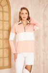 Pudra Beyaz Color Block Salaş Uzun Kol Fermuarlı Polo Yaka Sweatshirt