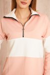 Pudra Beyaz Color Block Salaş Uzun Kol Fermuarlı Polo Yaka Sweatshirt