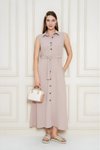 Pudra Uzun Aerobin Gömlek Yaka Kemerli Yandan Cepli Elbise