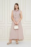 Pudra Uzun Aerobin Gömlek Yaka Kemerli Yandan Cepli Elbise