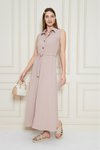 Pudra Uzun Aerobin Gömlek Yaka Kemerli Yandan Cepli Elbise
