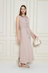 Pudra Uzun Aerobin Gömlek Yaka Kemerli Yandan Cepli Elbise