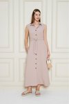 Pudra Uzun Aerobin Gömlek Yaka Kemerli Yandan Cepli Elbise