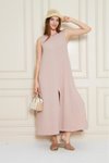 Pudra Yazlık Uzun A Kesim Sıfır Kol Yırtmaçlı Elbise