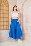 Saks Mavi Uzun Asimetrik Kesim Salaş Spor Kloş Cepli Fırfırlı Kat Beli Lastikli Etek