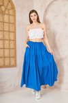 Saks Mavi Uzun Asimetrik Kesim Salaş Spor Kloş Cepli Fırfırlı Kat Beli Lastikli Etek
