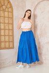 Saks Mavi Uzun Asimetrik Kesim Salaş Spor Kloş Cepli Fırfırlı Kat Beli Lastikli Etek
