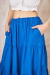 Saks Mavi Uzun Asimetrik Kesim Salaş Spor Kloş Cepli Fırfırlı Kat Beli Lastikli Etek