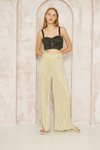 Sarı Gold Dokulu Bürümcük Örme Yüksek Bel Bol Paça Salaş Rahat Beli Lastikli Pantolon
