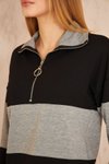 Siyah Gri Color Block Salaş Uzun Kol Fermuarlı Polo Yaka Sweatshirt
