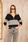 Siyah Gri Color Block Salaş Uzun Kol Fermuarlı Polo Yaka Sweatshirt