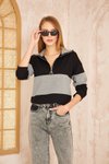 Siyah Gri Color Block Salaş Uzun Kol Fermuarlı Polo Yaka Sweatshirt