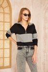 Siyah Gri Color Block Salaş Uzun Kol Fermuarlı Polo Yaka Sweatshirt