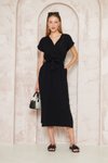 Siyah Midi Salaş Kruvaze Yırtmaçlı Beli Kuşaklı %100 Müslin Elbise