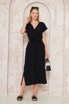 Siyah Midi Salaş Kruvaze Yırtmaçlı Beli Kuşaklı %100 Müslin Elbise
