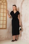 Siyah Midi Salaş Kruvaze Yırtmaçlı Beli Kuşaklı %100 Müslin Elbise