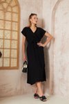 Siyah Midi Salaş Kruvaze Yırtmaçlı Beli Kuşaklı %100 Müslin Elbise