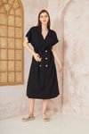 Siyah Oversize Keten Kısa Kollu Yazlık Midi Elbise