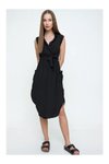 Siyah Oversize Midi Kruvaze Yaka Kemerli Elbise