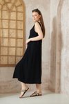 Siyah Oversize Midi Müslin Askılı Derin V Yaka Yırtmaçlı Elbise