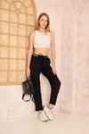 Siyah Şeritli Bilek Boy Beli Lastik Bağcıklı Cepli Pantolon