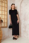 Siyah Uzun Basic Kısa Kollu Yırtmaçlı Omzu Düğmeli Elbise