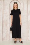 Siyah Uzun Basic Kısa Kollu Yırtmaçlı Omzu Düğmeli Elbise