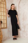 Siyah Uzun Basic Kısa Kollu Yırtmaçlı Omzu Düğmeli Elbise