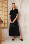 Siyah Uzun Basic Kısa Kollu Yırtmaçlı Omzu Düğmeli Elbise