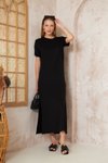 Siyah Uzun Basic Kısa Kollu Yırtmaçlı Omzu Düğmeli Elbise