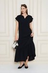 Siyah Uzun Salaş Kısa Kol Eteği Fırfırlı Apolet Detaylı Elbise