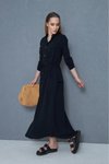 Siyah Uzun Yazlık Krep Cepli Büzgülü Katlanabilir Kollu Elbise