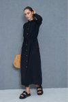 Siyah Uzun Yazlık Krep Cepli Büzgülü Katlanabilir Kollu Elbise
