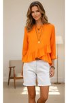 Relaxed Fit Long-Back Cotton Linen Ruffled Blouse - Orange