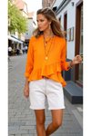Turuncu Arkası Uzun Rahat Kesim Fırfırlı Pamuk Keten Bluz