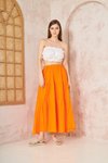 Turuncu Uzun Asimetrik Kesim Salaş Spor Kloş Cepli Fırfırlı Kat Beli Lastikli Etek