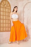 Turuncu Uzun Asimetrik Kesim Salaş Spor Kloş Cepli Fırfırlı Kat Beli Lastikli Etek