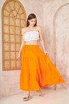 Turuncu Uzun Asimetrik Kesim Salaş Spor Kloş Cepli Fırfırlı Kat Beli Lastikli Etek