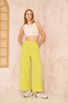 Yağ Yeşili Bol Paça Salaş Lastikli Bel Cepli Viskon Pantolon
