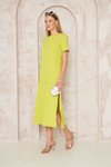 Yağ Yeşili Kısa Kol Midi Yırtmaçlı Elbise