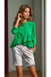 Relaxed Fit High-Low Cotton Linen Ruffled Blouse - Green