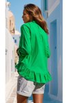 Yeşil Arkası Uzun Rahat Kesim Fırfırlı Pamuk Keten Bluz