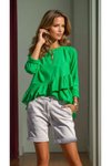Yeşil Arkası Uzun Rahat Kesim Fırfırlı Pamuk Keten Bluz