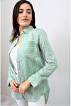 Yeşil Dik Çizgili Arkası Uzun Basic Tek Cep Gömlek