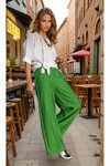 Yeşil Keten Görünümlü Bol Paça Rahat Beli Lastikli Çift Cepli Pantolon