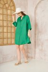 Yeşil Salaş Mini Keten Yarım Katlanır Kollu Elbise