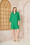 Yeşil Salaş Mini Keten Yarım Katlanır Kollu Elbise